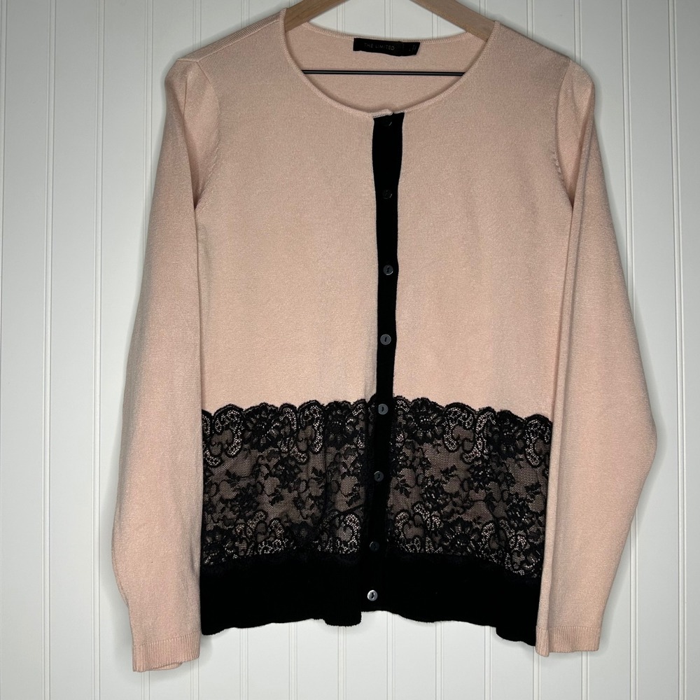 The Limited Womens Cardigan L Peach Pink Black Lace Button Front Sweater
